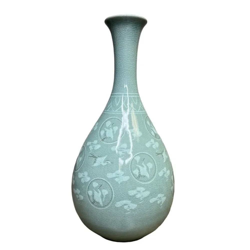Korean Celadon Bottle Yuhuchun Vase Crane Clouds Signed‎ 12.5